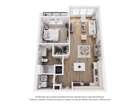 Floor plan for 1 bed, 1 bath, 843 sqft